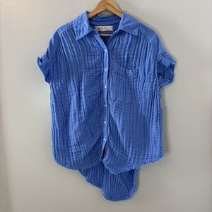 We The Free Quilted Puff Button Down Top Blue Raw Hem Shirt Sz Extra Sma…